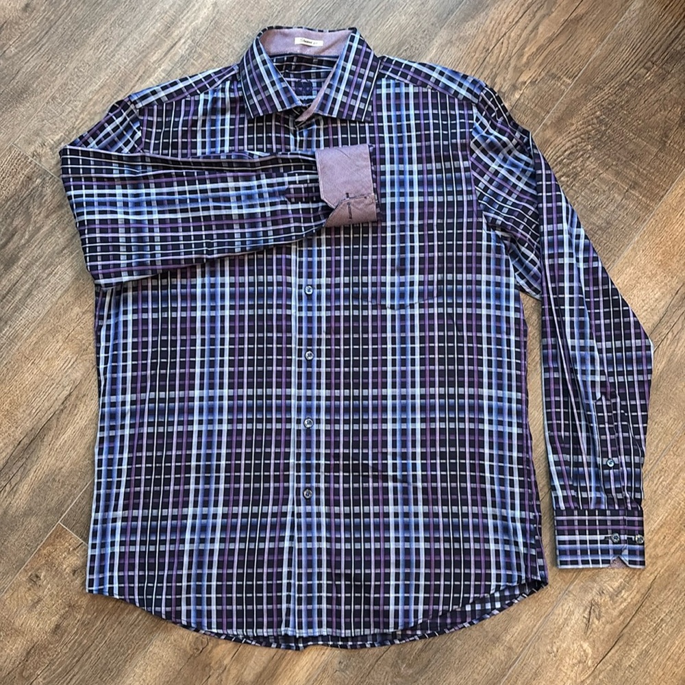 Bugatchi Men’s Size L Blue and Purple Casual Button Down Shirt Shaped Fit